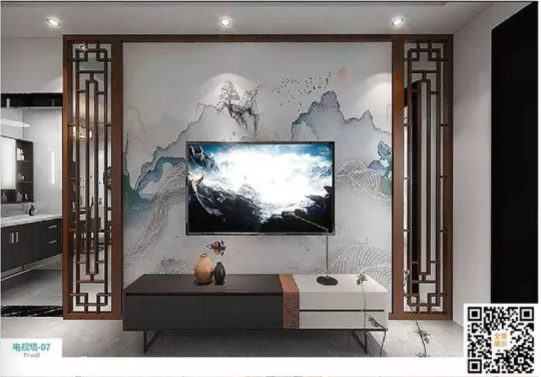 廠價新款鑫順來DQ-07掃碼中式格子電視墻,掃二維碼看裝修風格